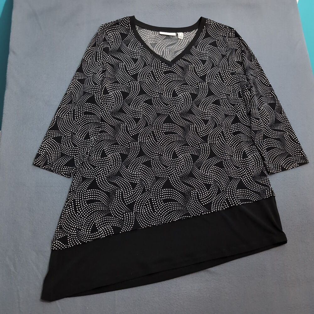 Susan Graver Women L Black Polka Dot V Neck Liquid Knit Asymetrical Hem
